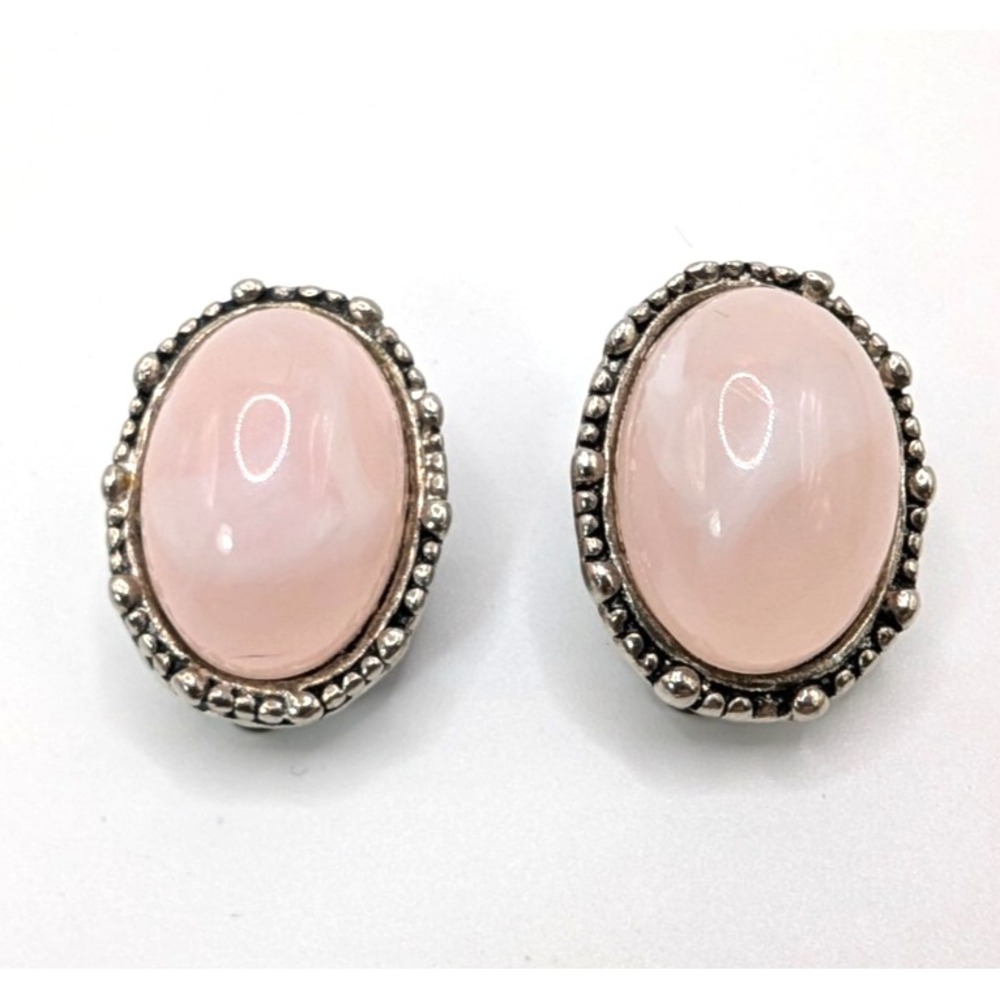 Vintage Clip On Earrings Pink Cabochon Silver Tone Oval Textured Retro